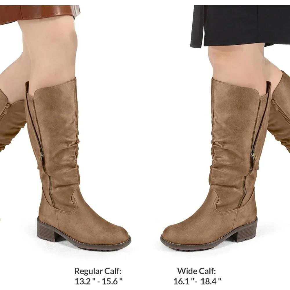 Women's Tan Mysoft Knee High Boots Chunky Heel Lug Sole Side Zipper 2 Inch